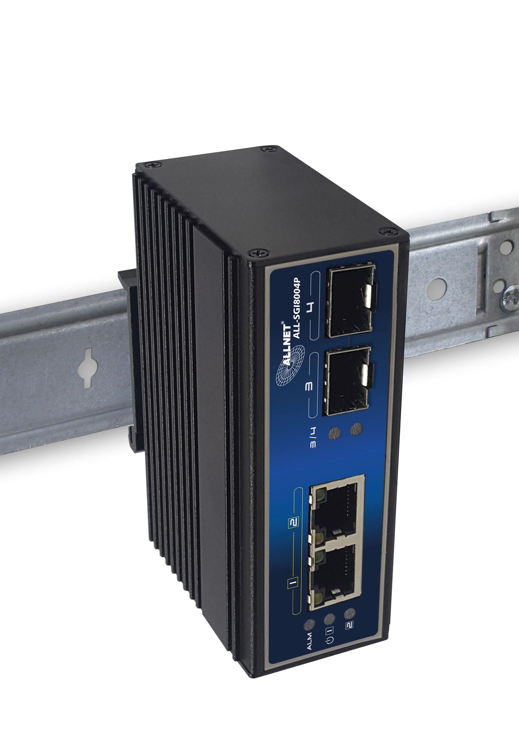 ALLNET switch industrial unmanaged Layer2  4 Port GbE • PoE Budget 180W • 2x PoE bt • 2x SFP • Fanless • DIN • ALL-SGI8004P