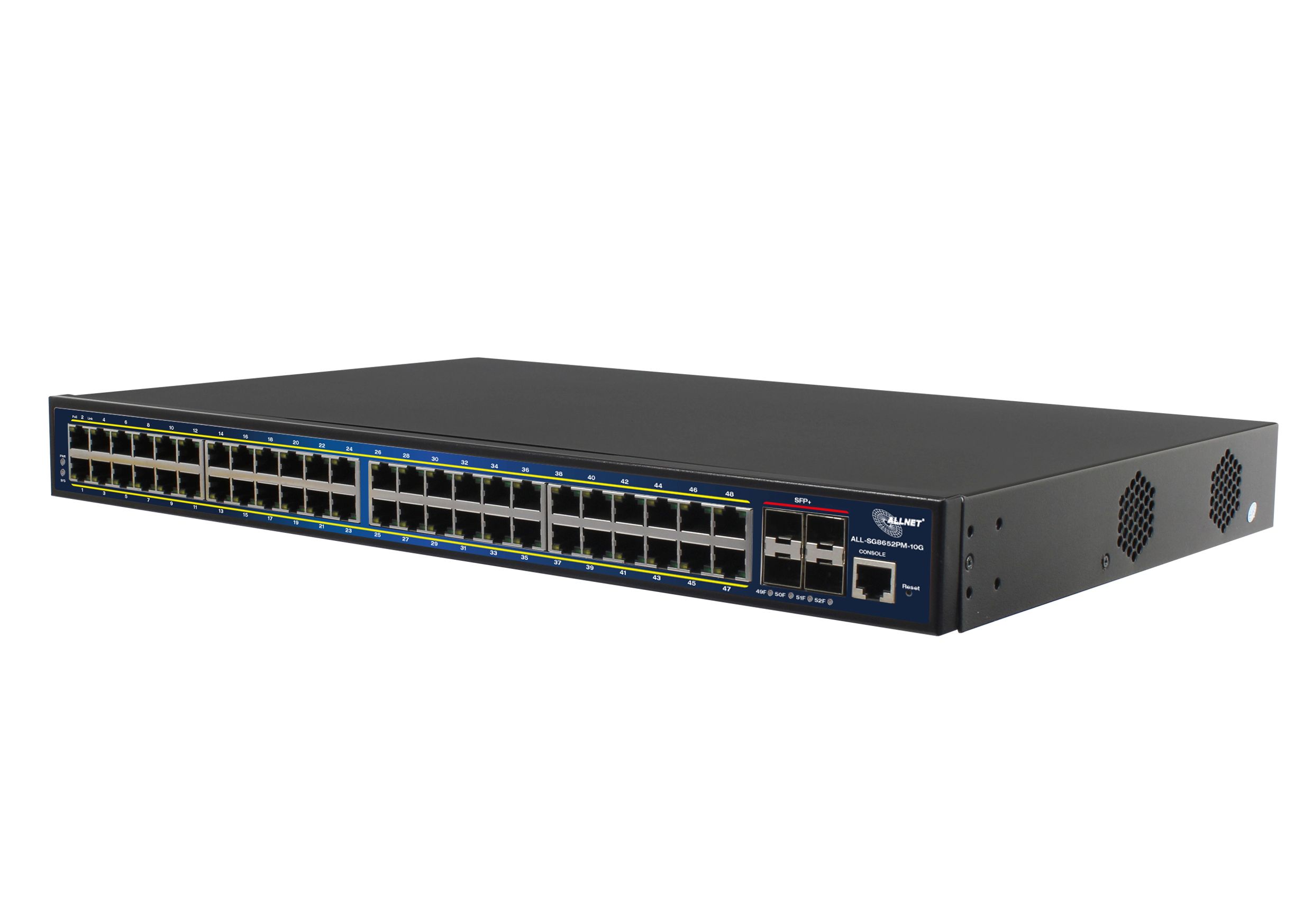 ALLNET Switch full managed Layer2+ 52 Port • 48x GbE • PoE Budget 850W • 48x PoE at • 4x SFP+ • 19\" • JSON API • ALL-SG8652PMJ-10G-850W