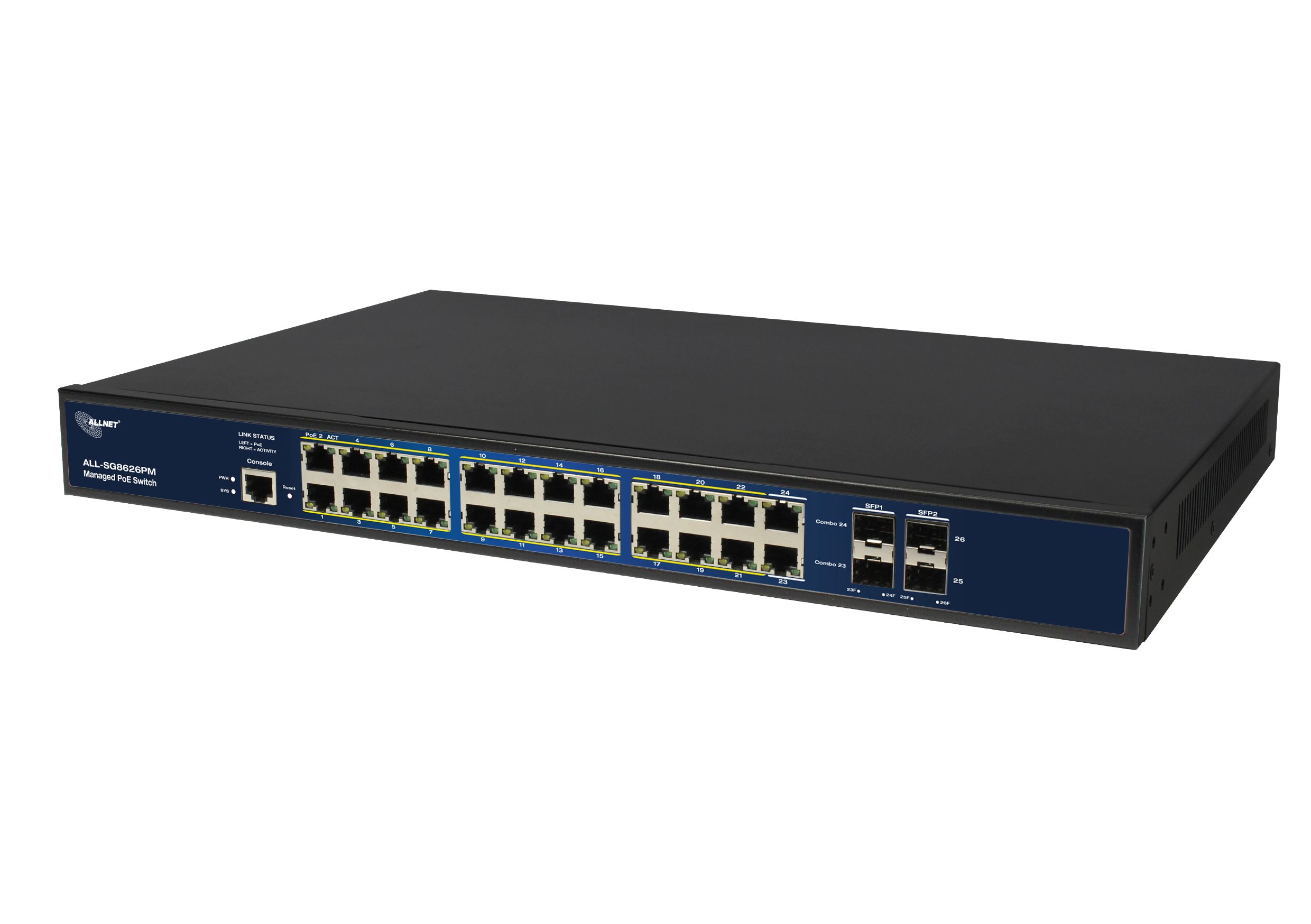 ALLNET Switch full managed Layer2+ 26 Port • 24x GbE • PoE Budget 370W • 22x PoE at • 2x Combo • 2x SFP • 19\" • Fanless • JSON API • ALL-SG8626PMJ