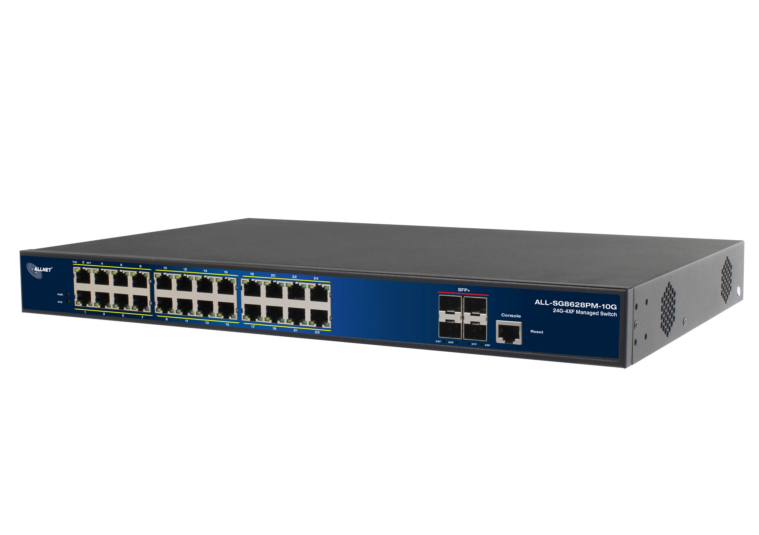 ALLNET Switch full managed Layer2+ 24 Port • 24x GbE • PoE Budget 370W • 24x PoE at • 4x SFP+ • 19\" • JSON API • ALL-SG8628PMJ-10G