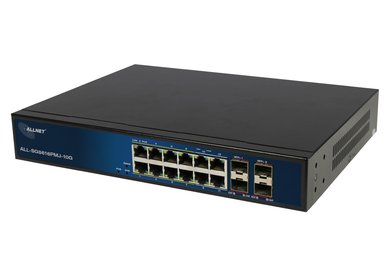 ALLNET Switch full managed Layer2+ 16 Port • 12x GbE • PoE Budget 130W • 8x PoE at • 4x Giga LAN • 4x SFP+ • 19\" • ALL-SG8616PMJ-10G