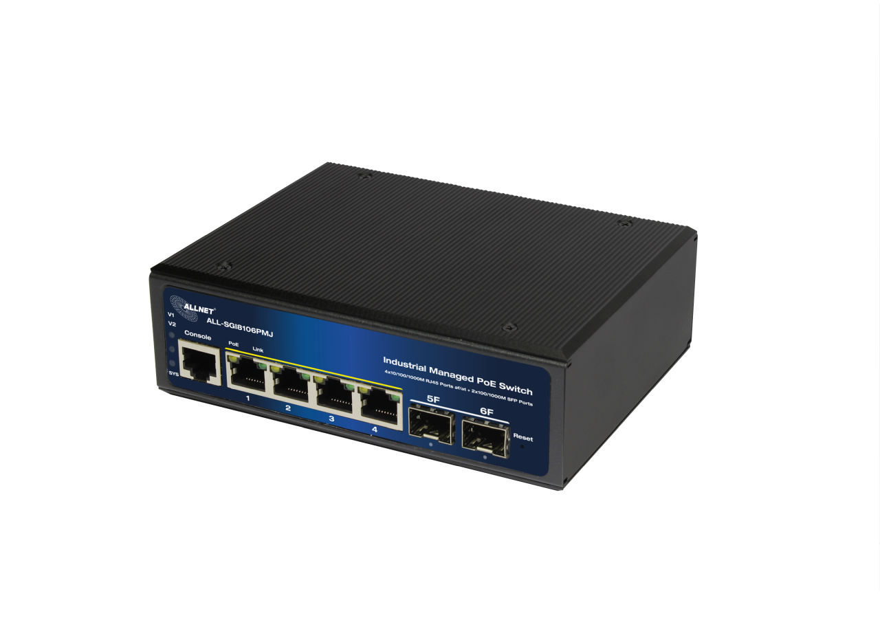 ALLNET Switch industrial full managed Layer2+ 6 Port GbE • PoE Budget 120W • 4x PoE+ • 2x SFP • Fanless • DIN • JSON • ALL-SGI8106PMJ