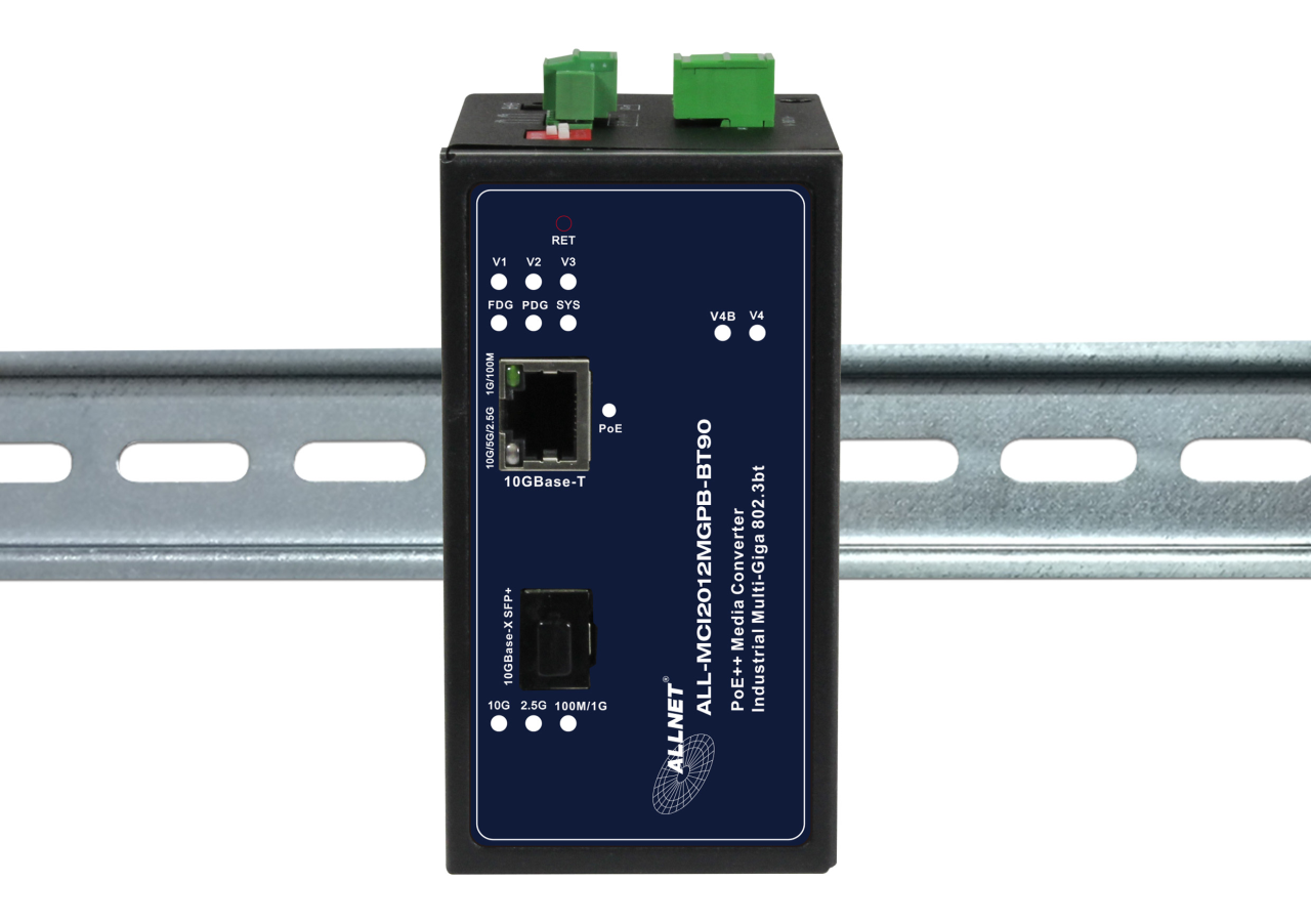 ALLNET Media Converter Industrial PoE (15,4W/30W/60W/90W) 1000BASE-SX/-LX Single-/ Multimode SFP to RJ45 Cooper MultiG • Power-Booster 12~57VDC • DIN • ALL-MCI2011P-60W