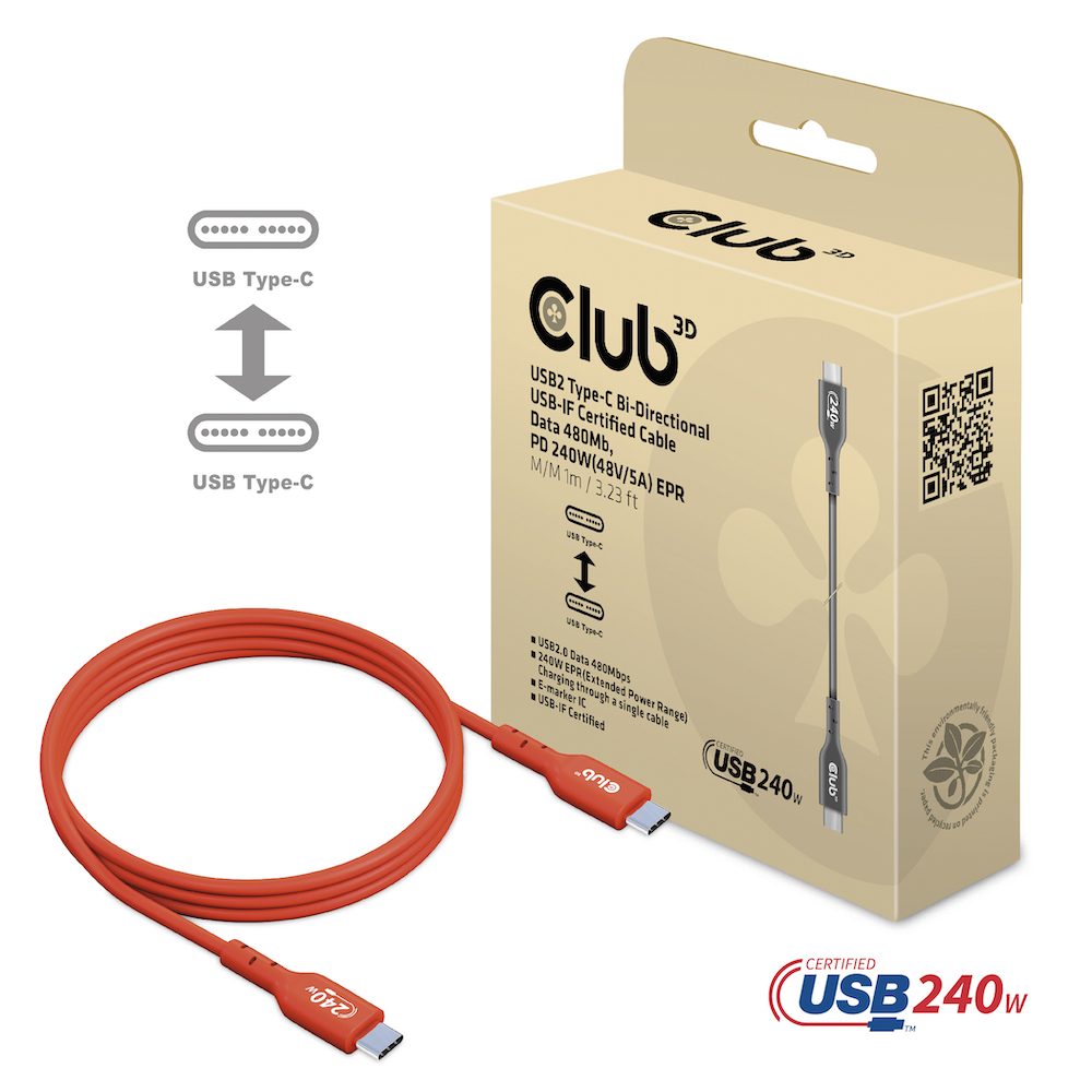 Kabel USB, C(St) => C(St),  1.0m, USB2.0, *Club 3D* 240W