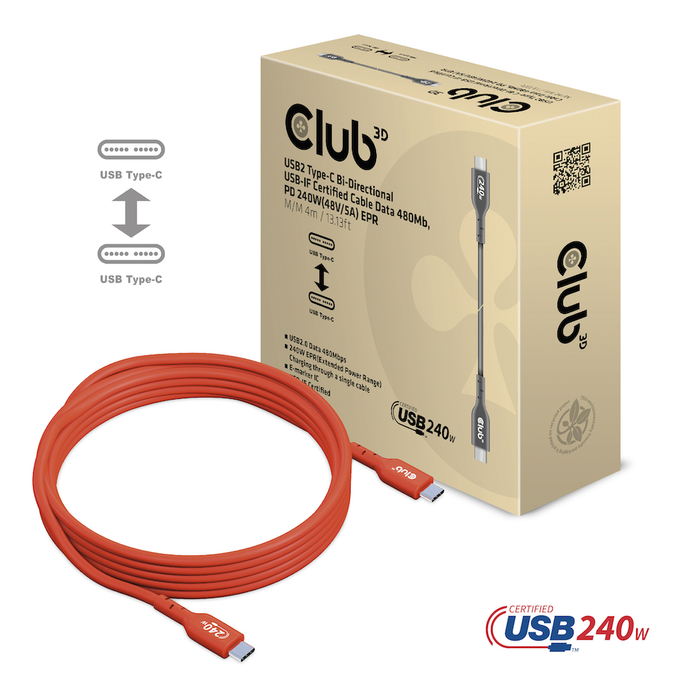 Kabel USB, C(St) => C(St),  4,0m, USB2.0, *Club 3D* 240W
