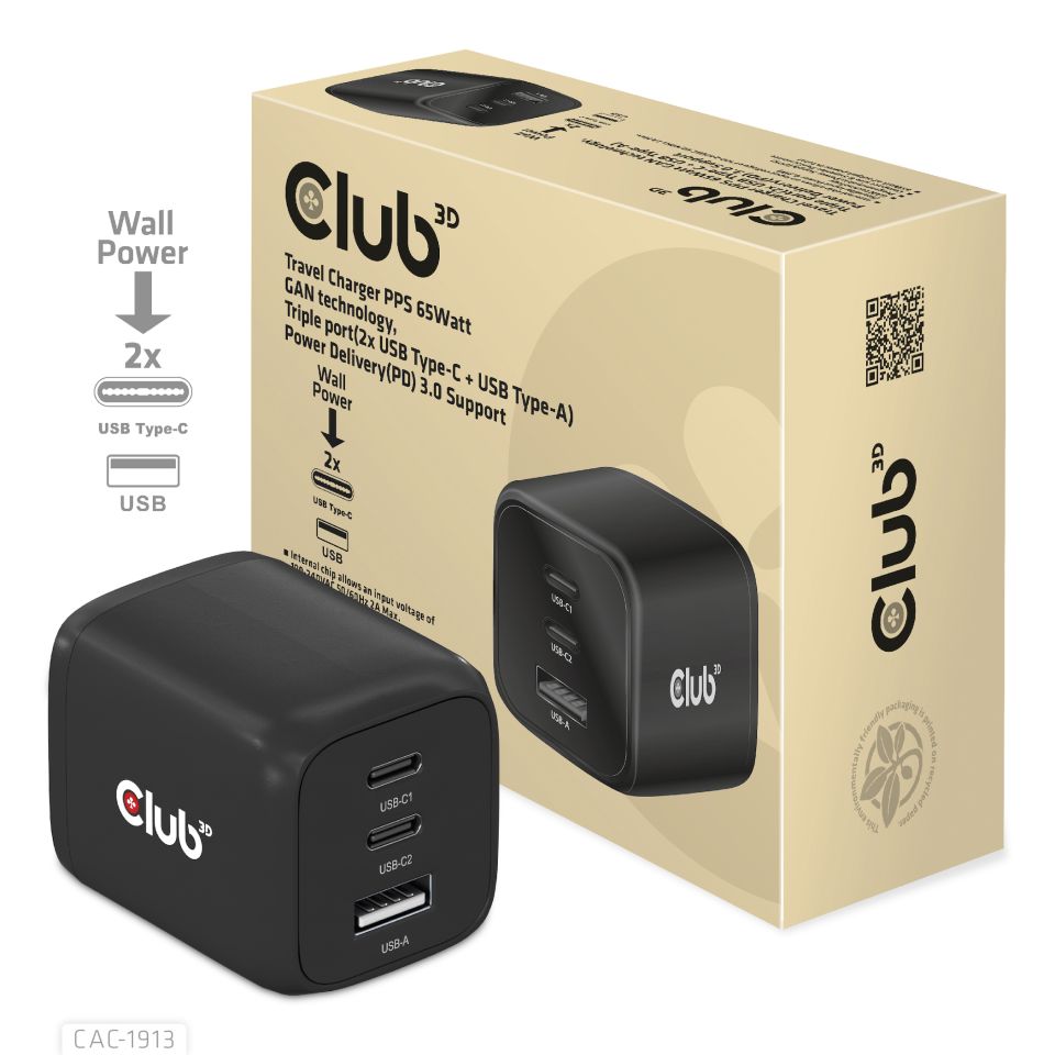 Club 3D Netzteil USB Typ A & C  3-fach 65W