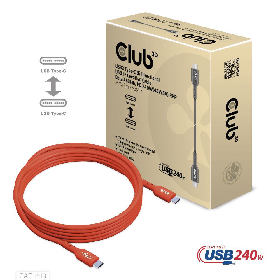 Kabel USB, C(St) => C(St),  3.0m, USB2.0, *Club 3D* Bi-Direktional 240W