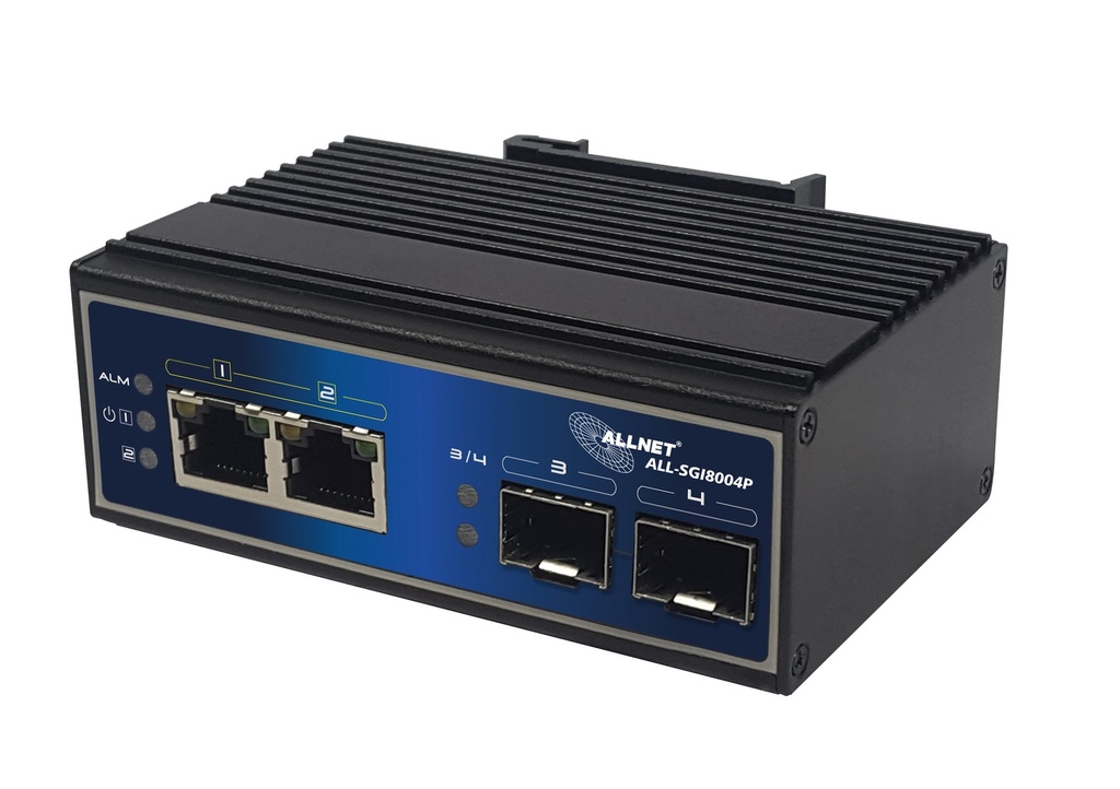 ALLNET switch industrial unmanaged Layer2  4 Port GbE • PoE Budget 180W • 2x PoE bt • 2x SFP • Fanless • DIN • ALL-SGI8004P
