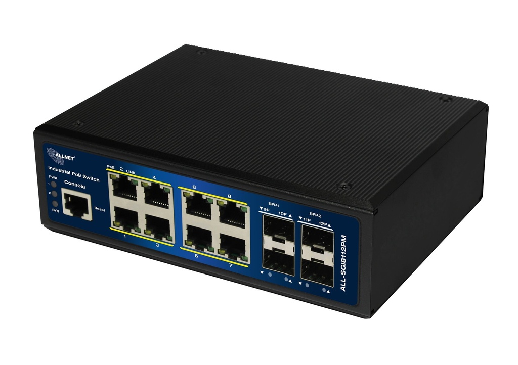 ALLNET Switch industrial fully managed Layer2+ 12 Port GbE • PoE budget 240W • 8x PoE BT • 4x SFP • Fanless • DIN • JSON API • ALL-SGI8112PMJ-BT