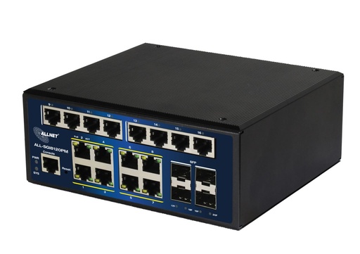 [ALL-SGI8120PM] ALLNET Switch industrial full managed Layer2+ 20 Port GbE • PoE Budget 240W • 8x PoE at • 8x GbE • 4x SFP • DIN • Fanless • ALL-SGI8120PM