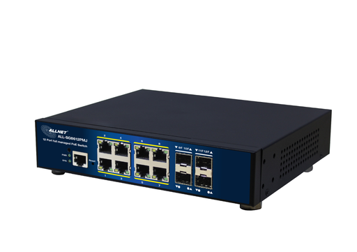[ALL-SG8612PMJ] ALLNET Switch full managed Layer2+ 12 Port • 8x GbE • PoE Budget 300W • 8x PoE at • 4x SFP • 10 & 19 • Fanless • JSON API • ALL-SG8612PMJ